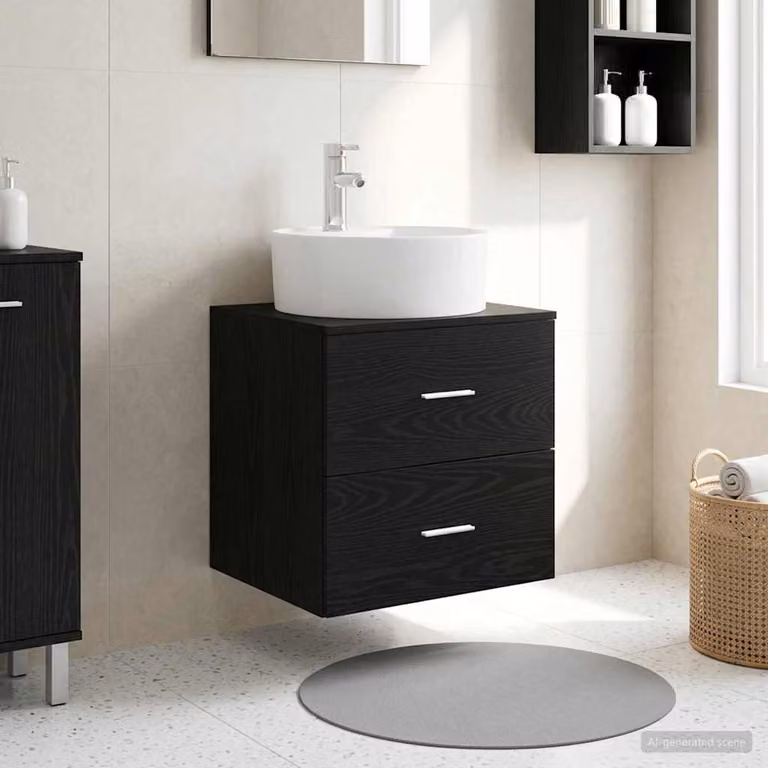 Mobile Lavabo da Parete Moderno vidaXL in Rovere e Nero con Cassetti e Ante, L 49,5 x P 44,5 x H 65 cm