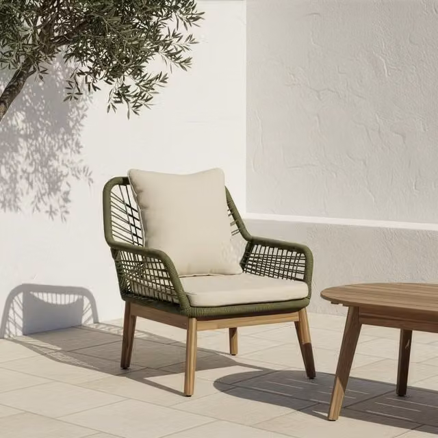 Poltrona da giardino Kairo Banak in legno di acacia e corda intrecciata verde e beige