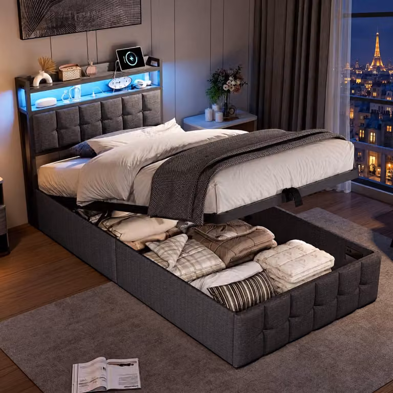 Letto imbottito INONEFT, 90x200 cm, letto per bambini con spazio contenitore ad apertura idraulica, letto per adolescenti con illuminazione LED e prese USB, colore grigio lino, senza materasso