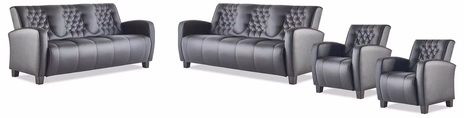 Chesterfield Sofa-Set 3-Sitzer Sessel Schwarz Lehnsessel Couch Leder Holz