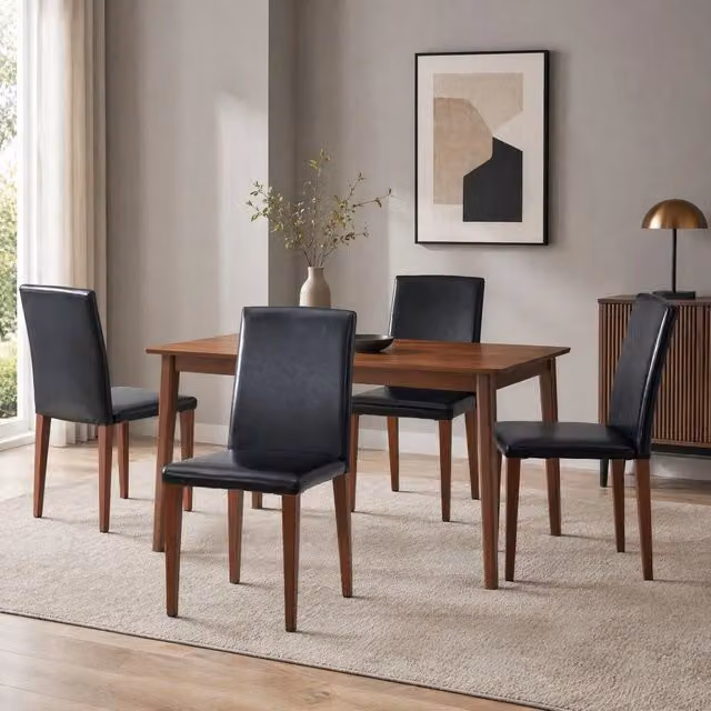 Set da 4 sedie da pranzo REDOM in ecopelle nera con gambe effetto noce, Altezza: 90 cm
