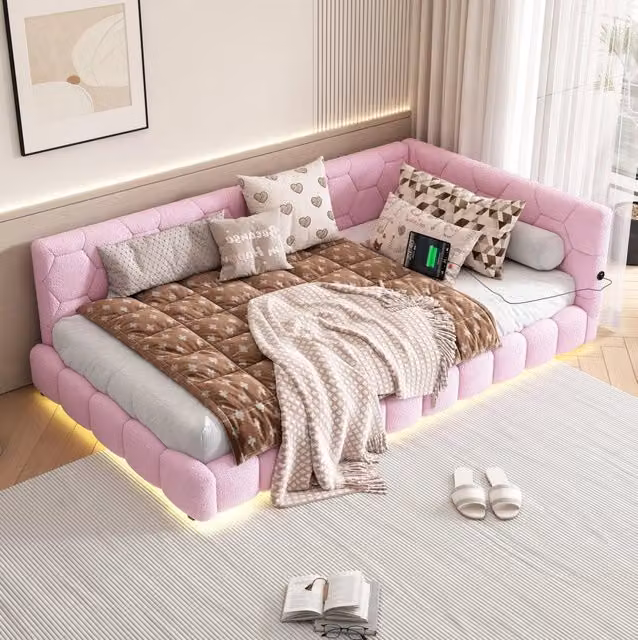 Letto a giorno 90x200 cm; luci LED a 16 colori; velluto; rosa (Senza materasso)