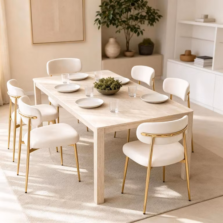 Set di 6 sedie da pranzo Flieks, con struttura dorata regolabile in altezza, imbottite, ideali per la sala da pranzo o la cucina. Dimensioni: 51x50x81 cm. Colore: bianco e oro