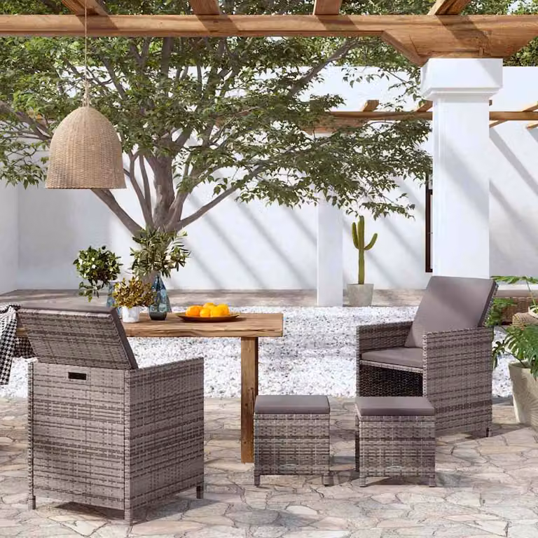 Set di 4 sedie da giardino con poggiapiedi vidaXL in polyrattan grigio con cuscini inclusi