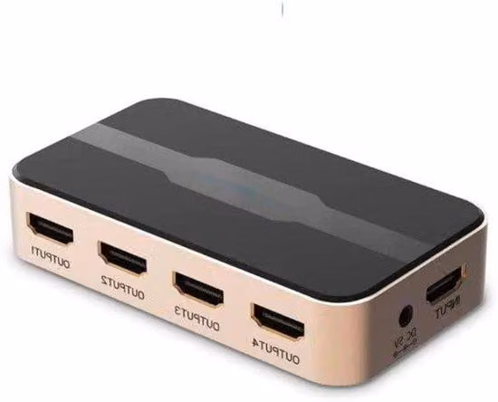 Splitter HDMI - Per collegare a più schermi - 4 porte - 19 x 9 x 45 cm - Nero e oro