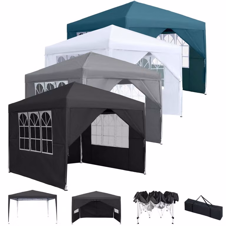 Tenda da esterno 2,5x2,5 metri, color argento, impermeabile, con protezione UV 50+, regolabile in altezza e dotata di 4 pannelli laterali
