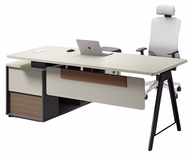 Elegante scrivania angolare in legno con ampio spazio di contenimento e design pratico