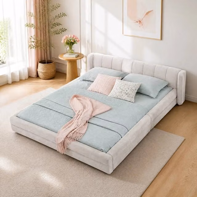 Letto matrimoniale 140x200 cm beige con testiera, ciniglia, senza materasso