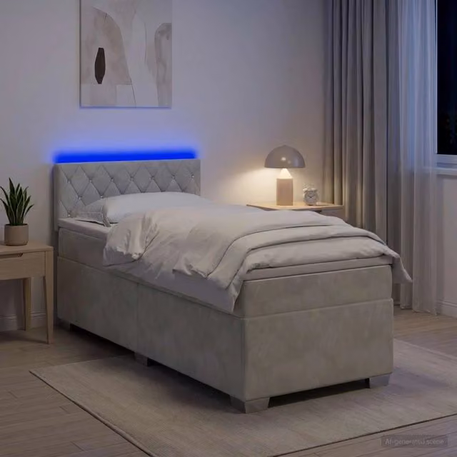 Letto con Box Spring, Materasso a Molle Pocket e Illuminazione LED vidaXL, Grigio Chiaro, L/P: 90 x 190 cm