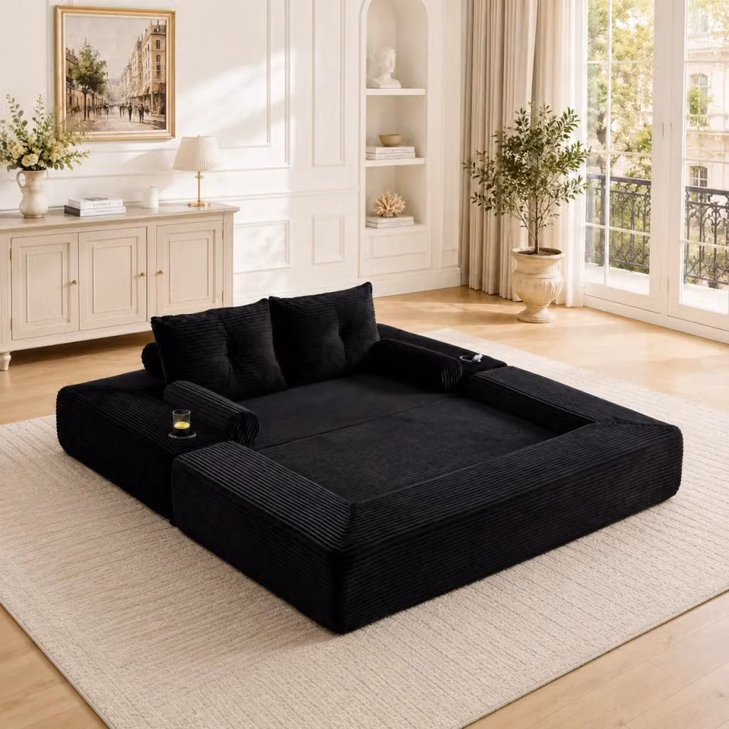 Divano letto multifunzione REDOM in velluto a coste nero con portabicchieri L: 180 cm, P: 98 cm, H: 80 cm – 2