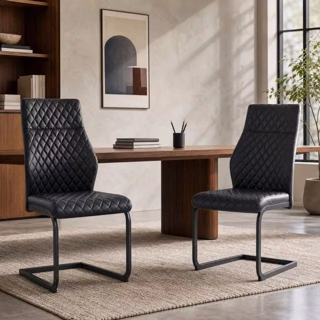 Set di 2 Sedie da Pranzo con Schienale Alto, Rivestimento PU Nero a Rombo e Struttura in Metallo Antiscivolo