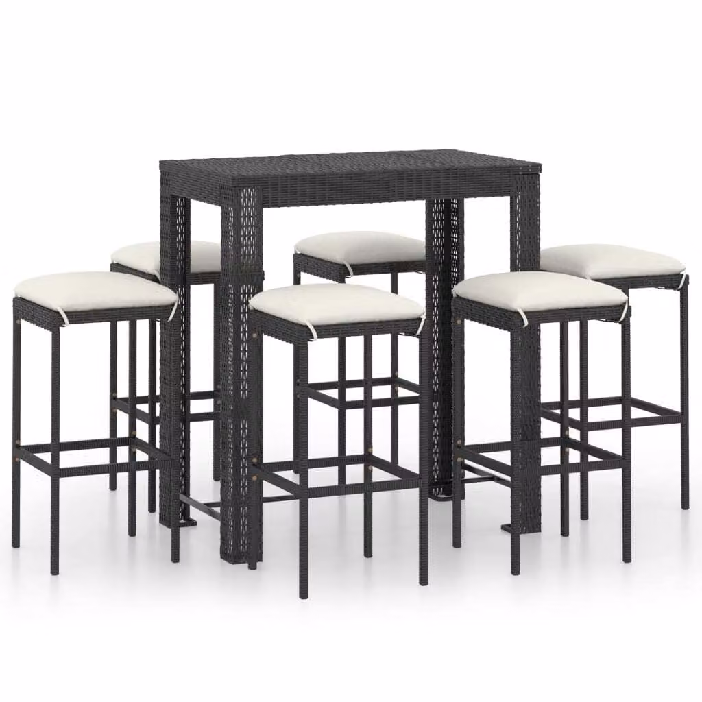 Set Bar da Giardino 7 pz con Cuscini in Polyrattan Nero