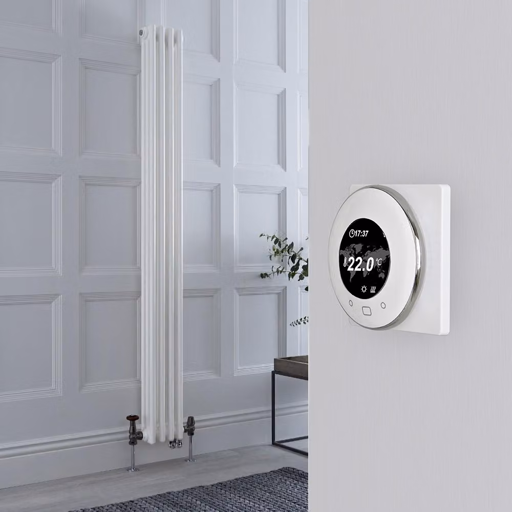 Radiatore Misto Verticale Bianco Triplo con Valvole in Ottone Anticato e Termostato WiFi - 1800mm x 200mm - Regent