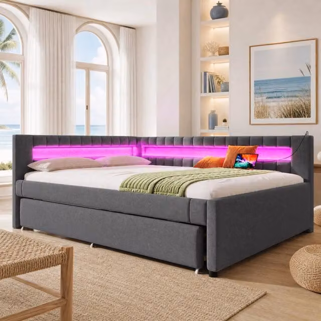 Letto giorno in lino con letto estraibile, LED con telecomando, USB + Type-C, 140x200 cm, grigio