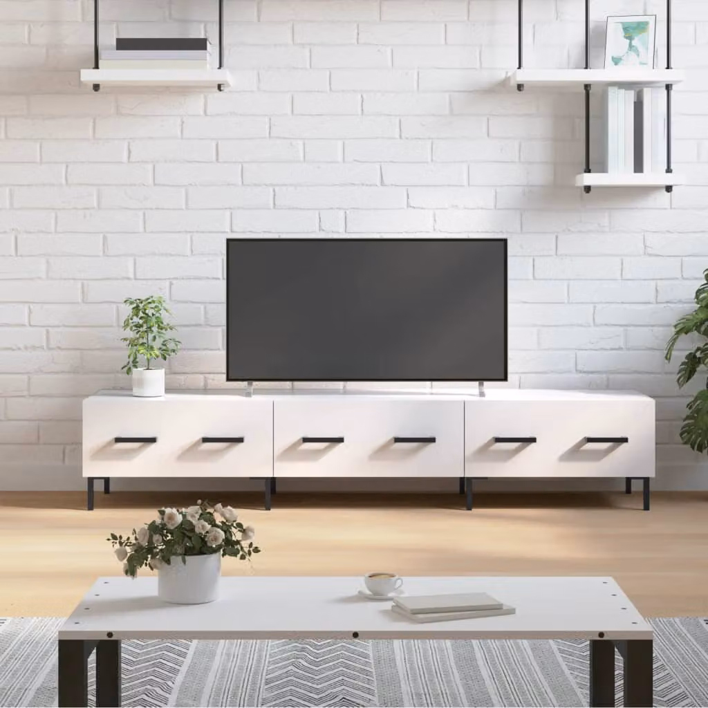 Mobile Porta TV vidaXL Bianco Lucido con Ruote in Legno e MDF L: 150 cm, P: 36 cm, H: 30 cm
