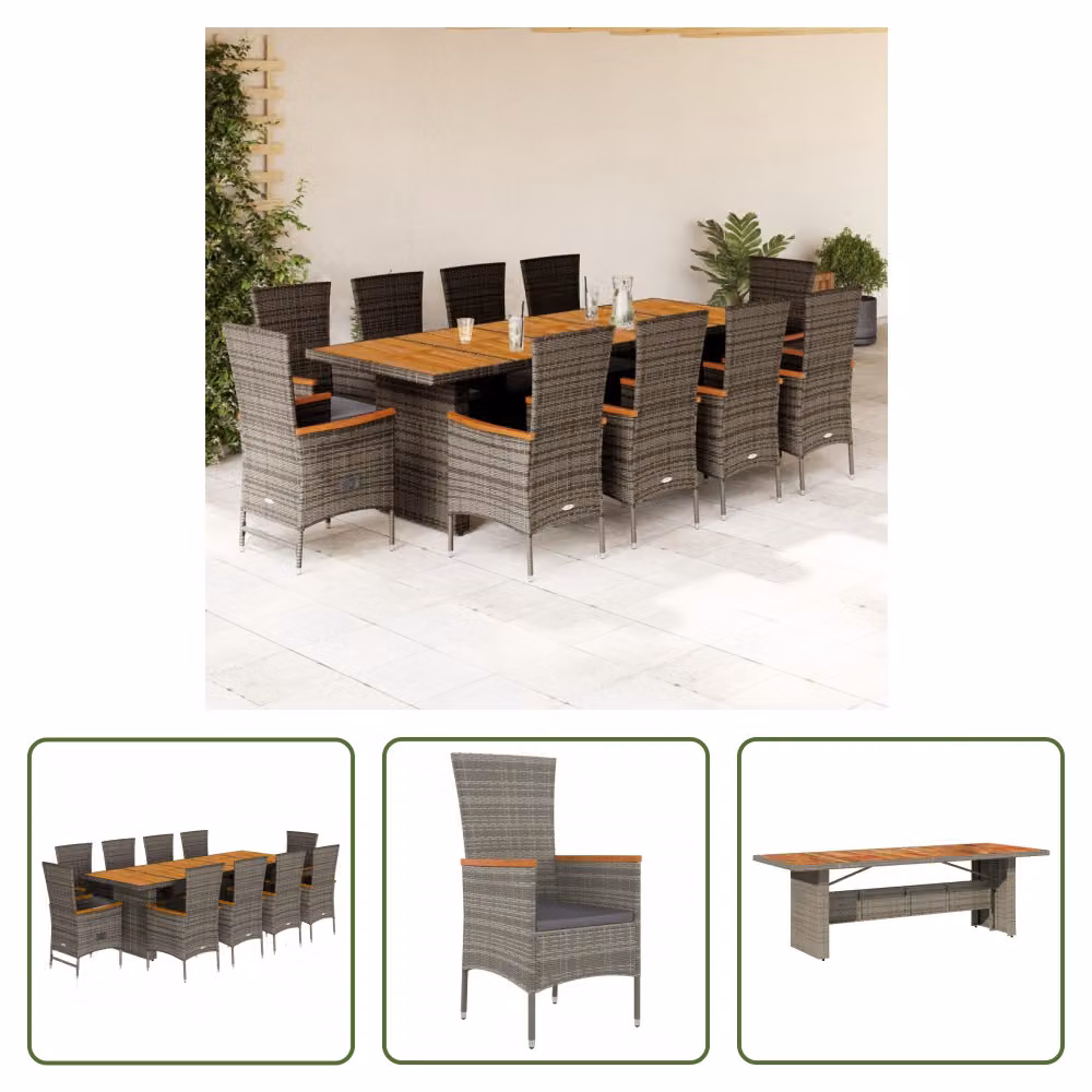 The Living Store Set da pranzo da giardino 11 pezzi con cuscini in poly rattan grigio