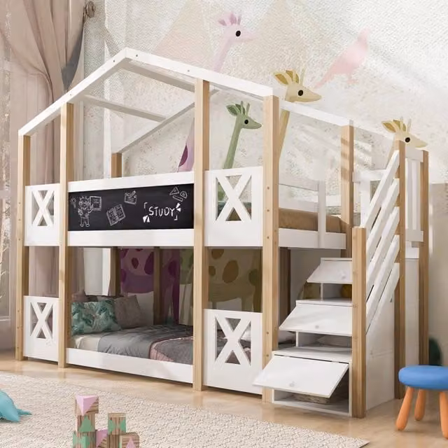 Letto a Castello per Bambini 90x200 cm a Forma di Casa sull'Albero con Scale e Cassetti Contenitore, Bianco e Naturale
