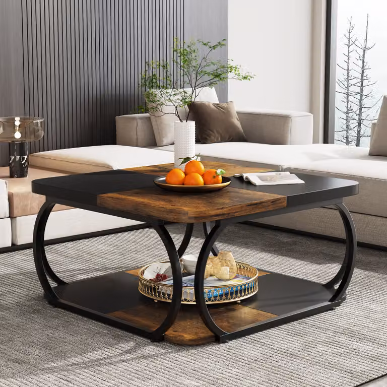 Tribesigns tavolino quadrato a 2 livelli, 101 cm tavolino basso da cascina con ripiano in legno per soggiorno moderno, marrone rustico