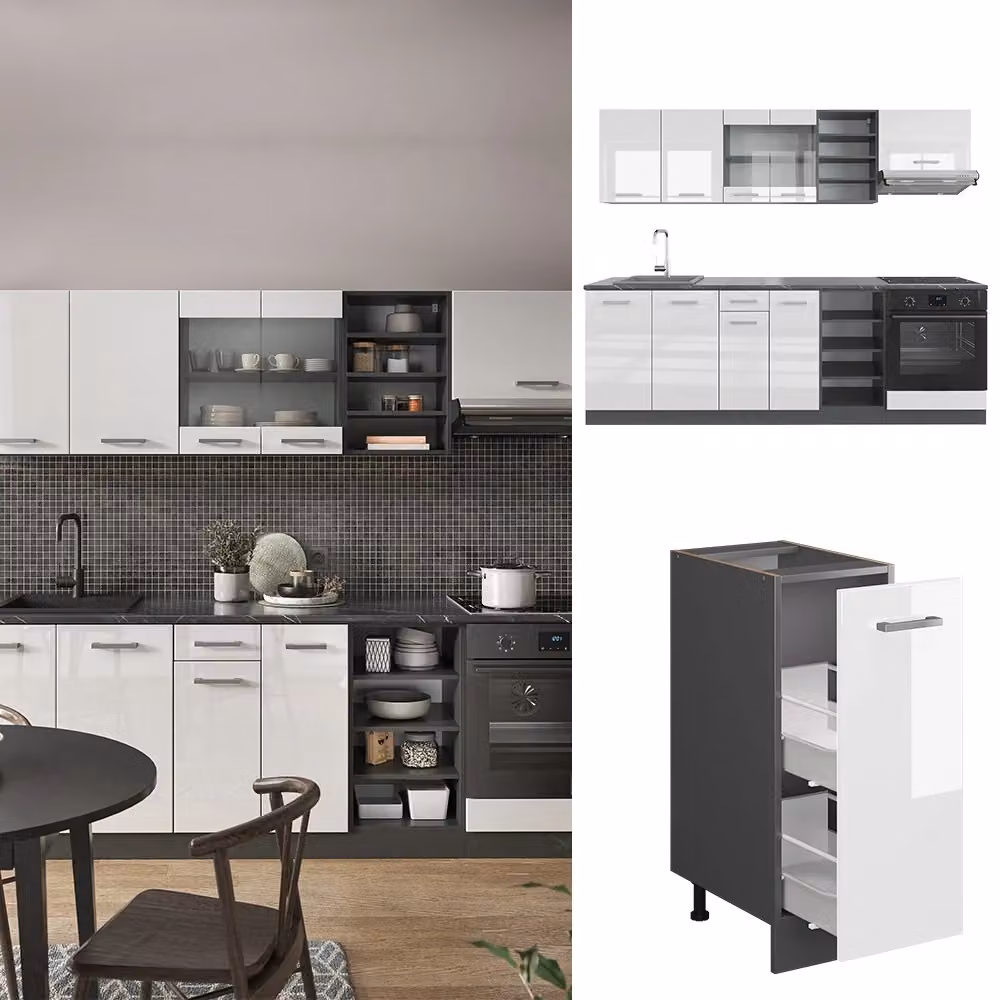 Cucina componibile moderna Vicco R-Line Bianco lucido e Antracite, L: 240 cm – 2