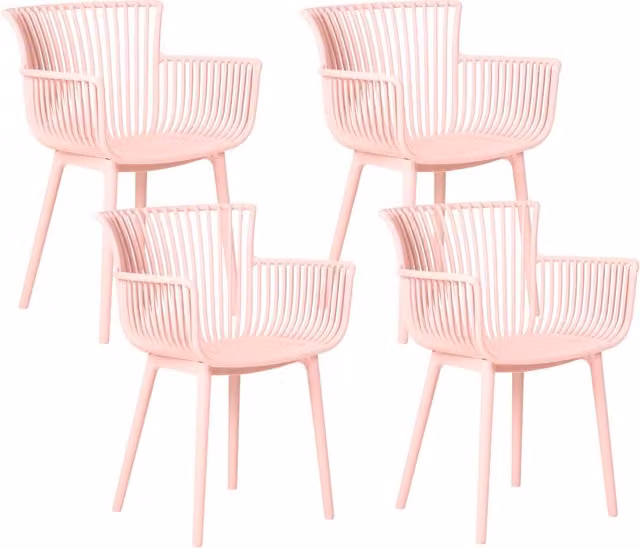 Set di 4 sedie da pranzo in plastica rosa per interni ed esterni da giardino con braccioli in stile minimalista