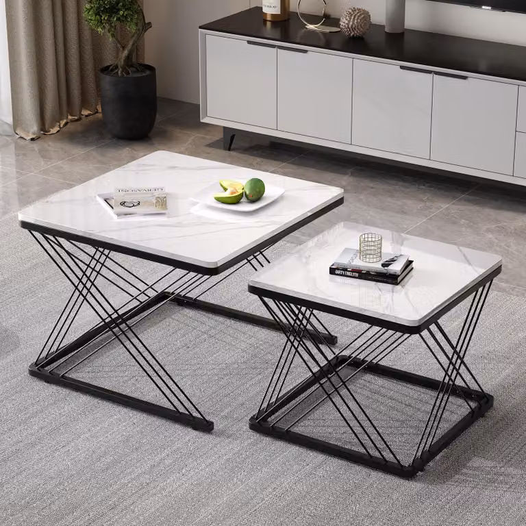 Sweiko Elegante set di 2 tavolini da caffè, tavolini quadrati da 60x60x45cm e 45x45x40cm, look marmo lucido, gambe regolabili in altezza, caricabili fino a 30 kg, tavolino combinato lucido