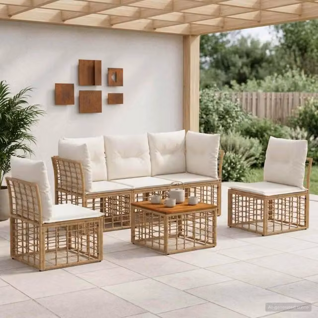 Set di divani da esterno 6 pz Naturale e Bianco Crema 3437428