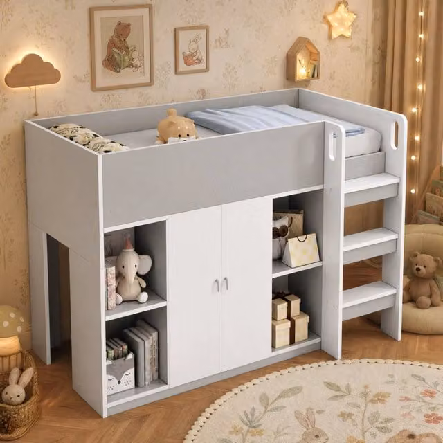 Letto a soppalco 90x200 cm grigio con armadio, ripiani e scala