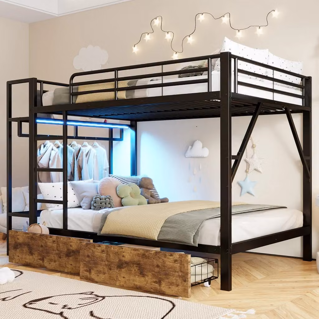 Letto a castello moderno per bambini in metallo e MDF con illuminazione LED, cassetti e ripiani, nero, L/P/H: 200 x 140 x 226,5 cm – 2