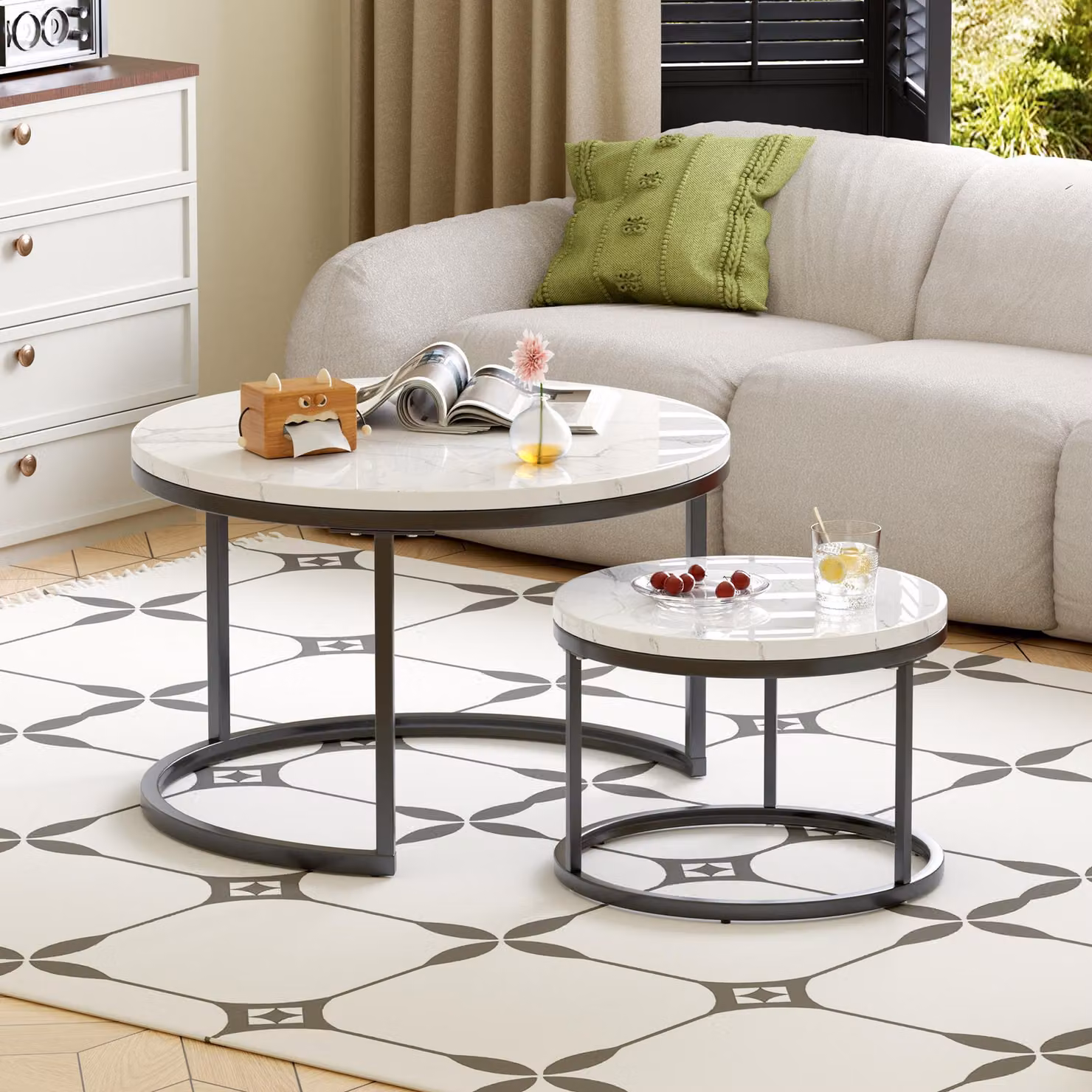 Tavolino multifunzione okwish 2-in-1, con piano decorato effetto marmo, gambe in metallo, ideale per il soggiorno, colore nero