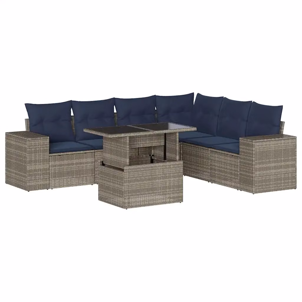 Set da giardino moderno vidaXL composto da 7 pezzi con divano ad angolo a L, tavolino da caffè e cuscini in tessuto blu e grigio con struttura in metallo e rattan – 2