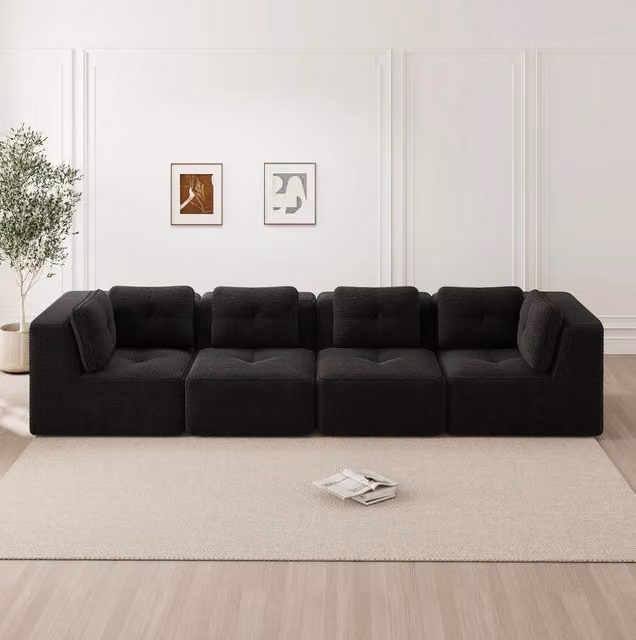 Divano angolare modulare in velluto a coste 386x104x69 cm; nero; senza montaggio