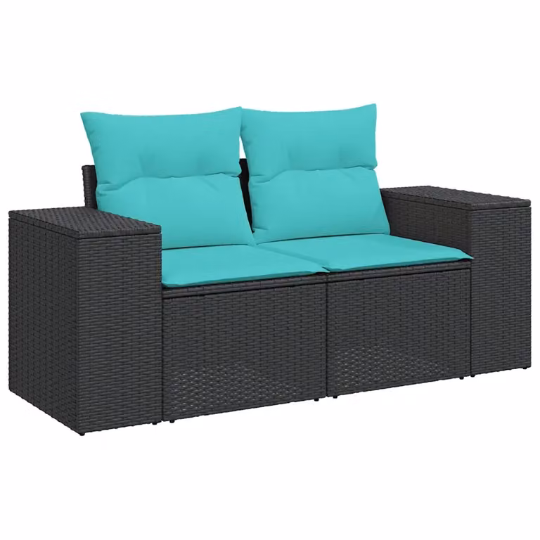 Divano da giardino a 2 posti vidaXL in polyrattan con cuscini blu e nero e struttura in metallo L: 186 cm, P: 69 cm, H: 62 cm