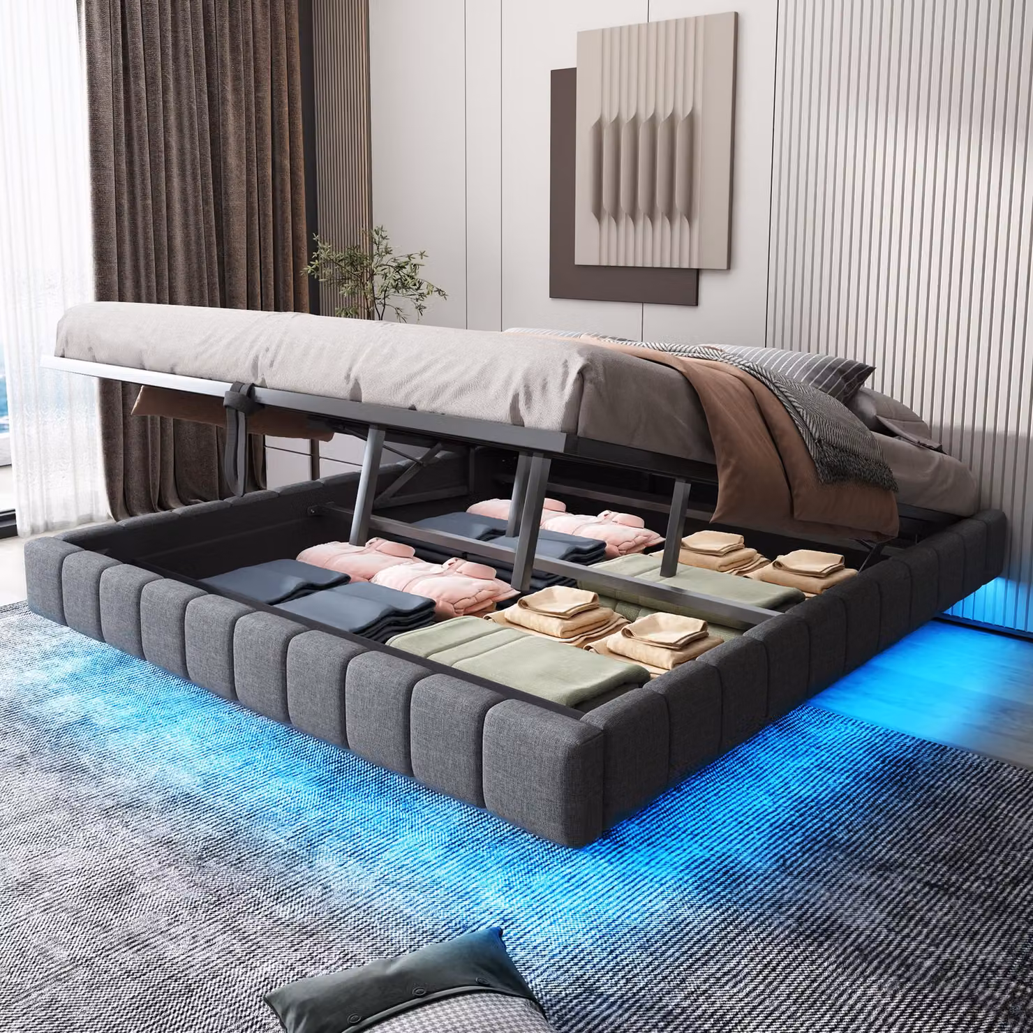 Letto imbottito Fortuna Lai 180x200 cm, telaio idraulico sospeso con vano contenitore, letto imbottito multifunzionale senza testiera con luce LED, lino grigio