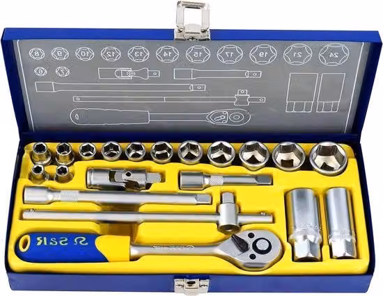 Set di 20 chiavi a bussola e cricchetti S&R in cromo vanadio e acciaio inossidabile, misura 3/8 pollici, colore argento, con custodia in metallo
