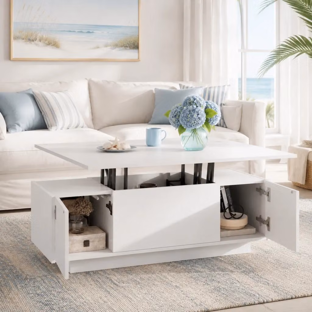 Tavolino basso alzabile MIVRAY con doppio piano sollevabile e vano nascosto bianco L: 100 cm, P: 50 cm, H: 43 cm – 2