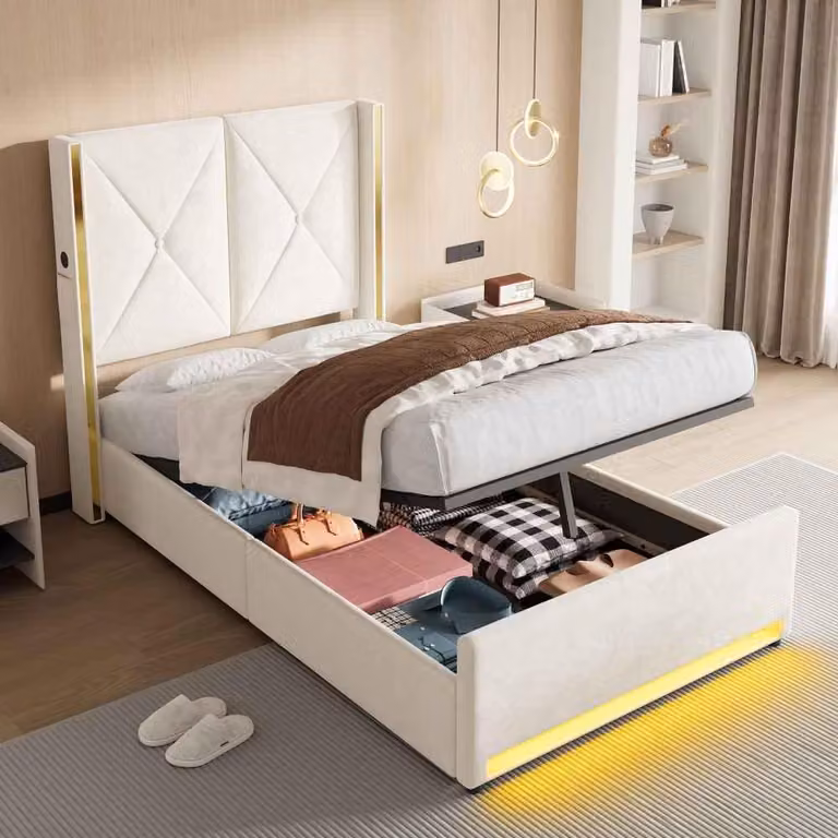Letto imbottito multifunzionale AIORBER 90x200 cm in velluto, letto con contenitore e sistema idraulico, illuminazione a LED e porte USB/Type-C, con tasche laterali incluse, beige