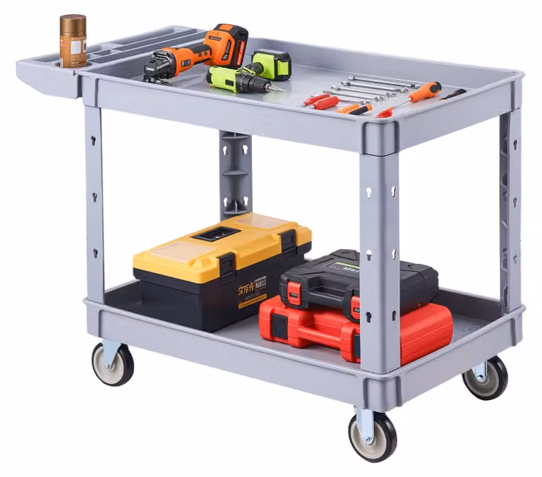 Carrello di servizio per officina - Carrello portattrezzi in PP - 2 ripiani - 4 ruote - Capacità di carico 250 kg - 114 x 61 x 84 cm - Con maniglia e vano portaoggetti - Grigio
