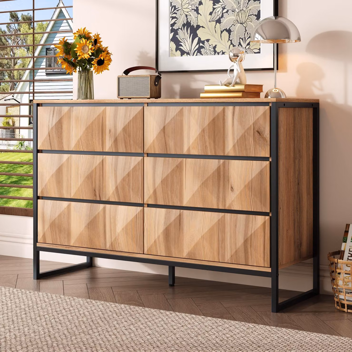 Credenza Merax 120x40x80 cm con struttura in metallo e maniglie a scomparsa, cassettiera moderna con 6 cassetti, design in legno nero, stile industriale