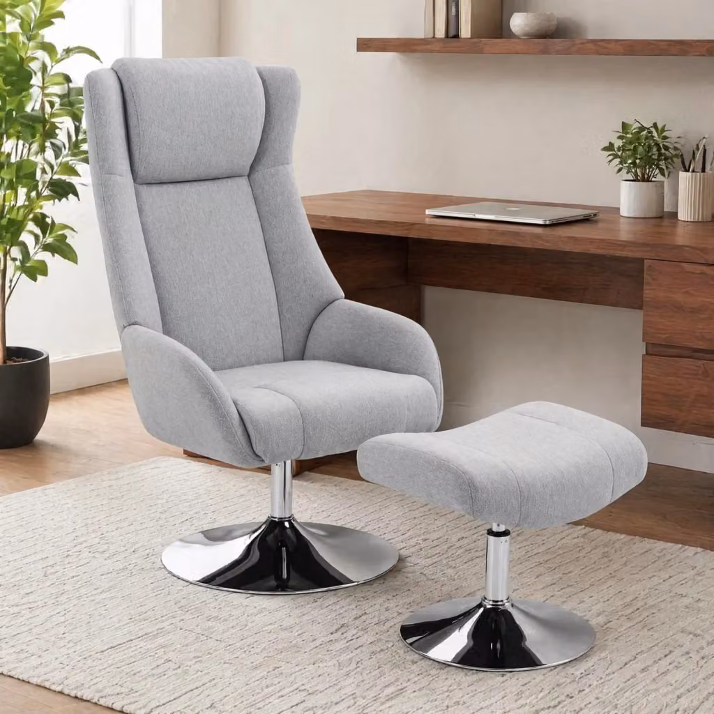 Poltrona relax girevole REDOM con poggiapiedi integrato, rivestimento in tessuto grigio, L: 68 cm, P: 84 cm, H: 118 cm – 2