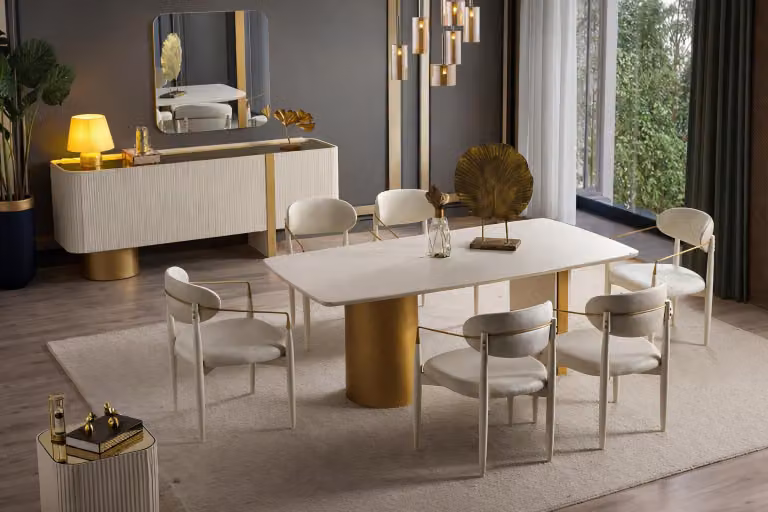 Set da pranzo moderno: elegante tavolo da pranzo, consolle, 6 sedie in tessuto e specchio