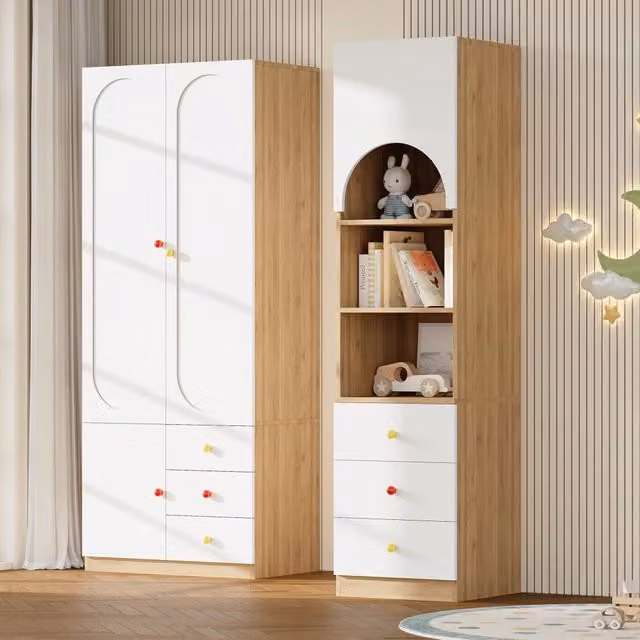 Armadio a 2 ante con libreria alta e cassetti per cameretta in MDF bianco e legno naturale con antiribaltamento