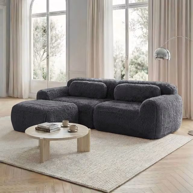 Divano modulare angolare 204x179x73 cm senza montaggio in peluche grigio