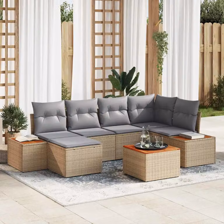 Set Divano da Giardino a L vidaXL 7 Pezzi Beige con Cuscini e Tavolino in Polyrattan e Metallo