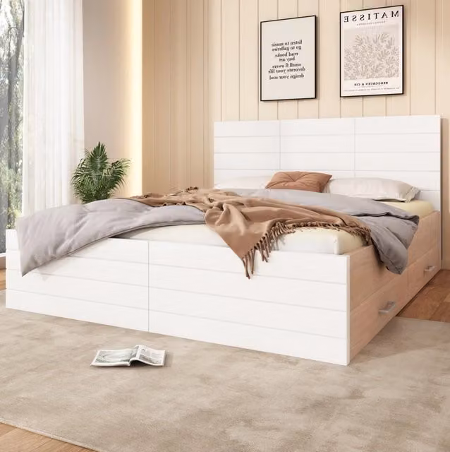 Letto matrimoniale ULEVR 140x200 cm con 2 cassetti reversibili e rete a doghe, bianco e rovere chiaro