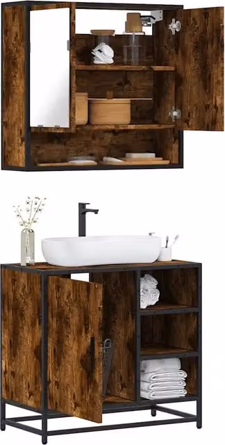 Set Mobili da Bagno Industrial vidaXL composto da Mobile Lavabo e Armadietto con Specchio, Colore Marrone, in Legno e MDF – 1