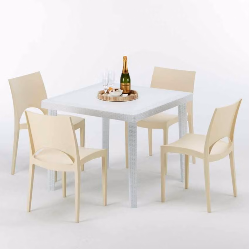 Tavolo quadrato bianco e 4 sedie in polipropilene colorato per esterni Grand Soleil Paris Love - Beige