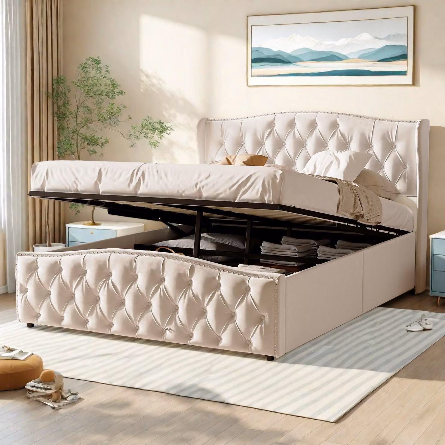 Letto con boxspring 160x200, con spazio contenitore, struttura per letto matrimoniale con meccanismo a sollevamento idraulico, rete a molle, imbottitura in velluto beige. Letti con spazio contenitore