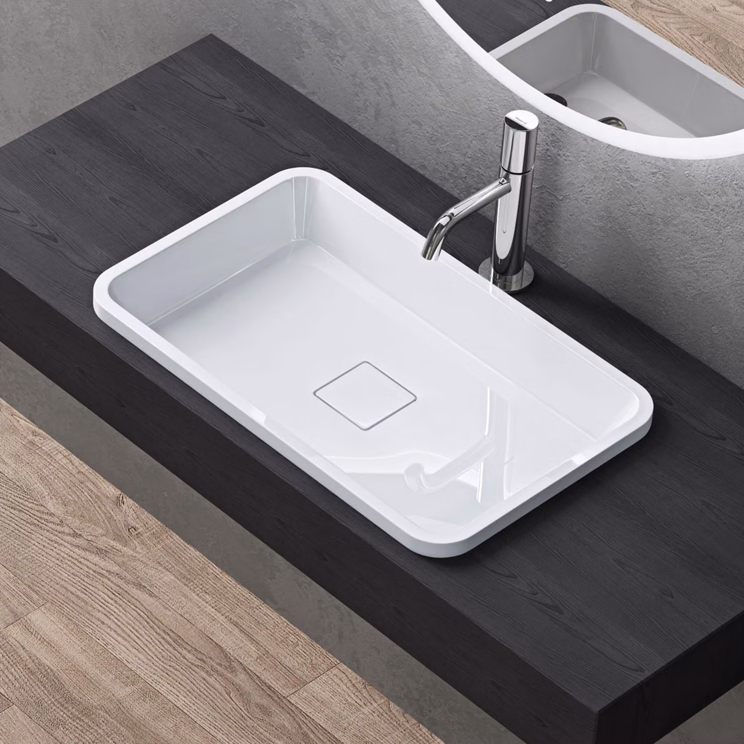 doporro Lavabo da Incasso Soprapiano 55x33 cm in Resina Minerale Bianco Lucido, Lavandino Rettangolare da Appoggio Senza Foro Rubinetto con Piletta Inclusa šC Colossum104