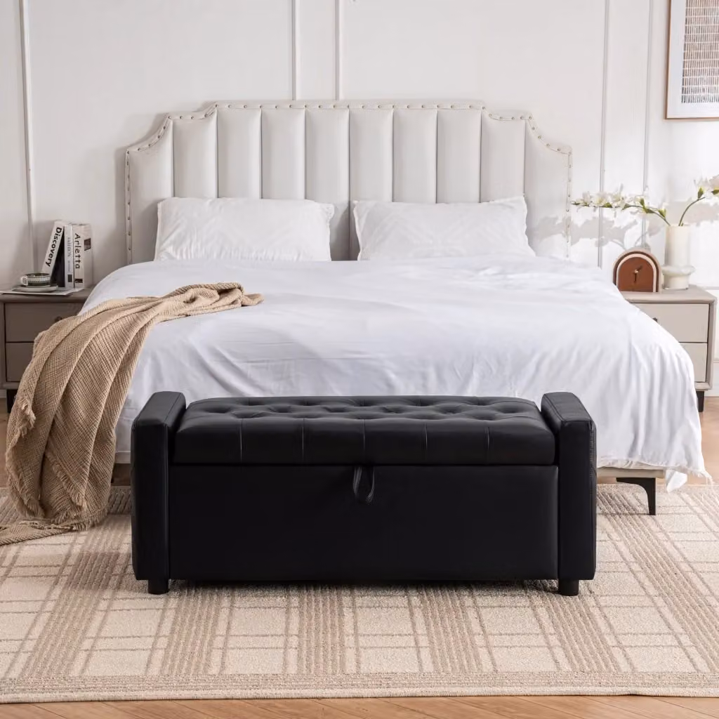 Panca contenitore rettangolare WISHDOR nera imbottita in ecopelle con vano portaoggetti L: 150 cm, P: 45 cm, H: 47 cm – 2