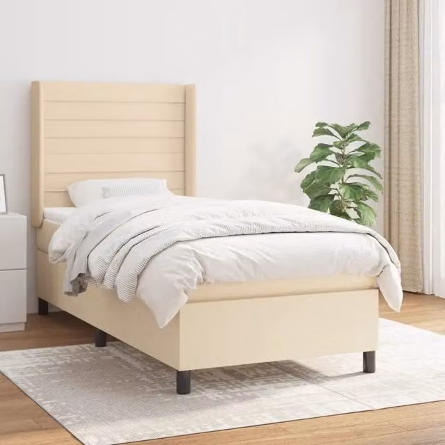 Letto Ibrido vidaXL con Giroletto a Molle e Materasso in Tessuto Beige e Bianco L/P/H: 90 x 190 cm